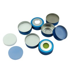 Magnetic Crimp Top 20mm Blue Aluminum Vial Cap with White PTFE/White Silicone Septa - 100/pk, CV2016