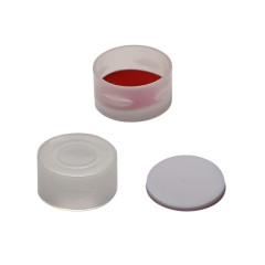 Screw Top 8mm Pre-Slit White Plastic Vial Cap with Red PTFE/White Silicone Septa - 100/pk, CV1861
