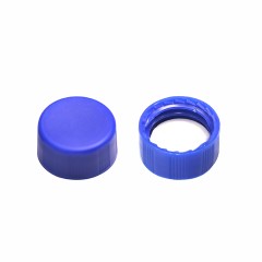 Screw Top 9mm Blue Plastic Vial Cap with White PTFE/Red Silicone Septa - 100/pk, CV1817