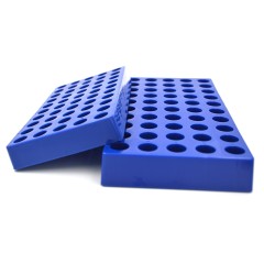 Tisch Scientific Vial Rack for 2 mL Vials, Blue Polypropylene, 7.375" x 3.75" x .875", 50 Holes, Hole Diameter: 12 mm, Hole depth: 15 mm, Non-Autoclavable, 1 Pack, CV2055